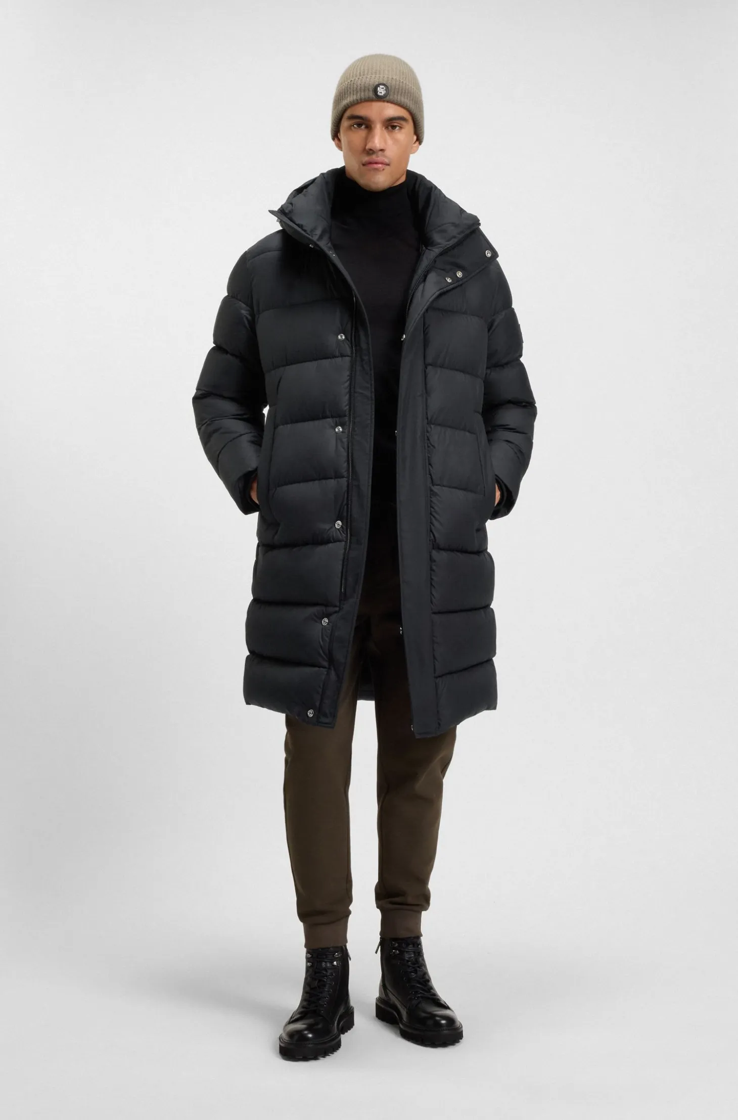 Longline water-repellent padded jacket with hood