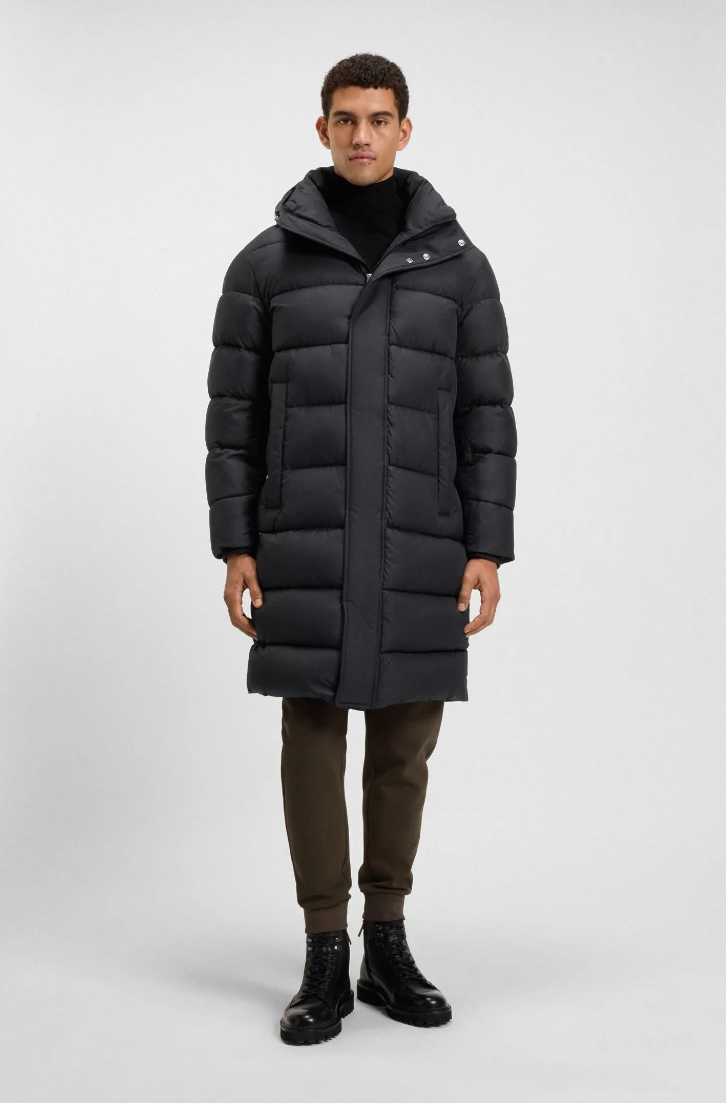 Longline water-repellent padded jacket with hood