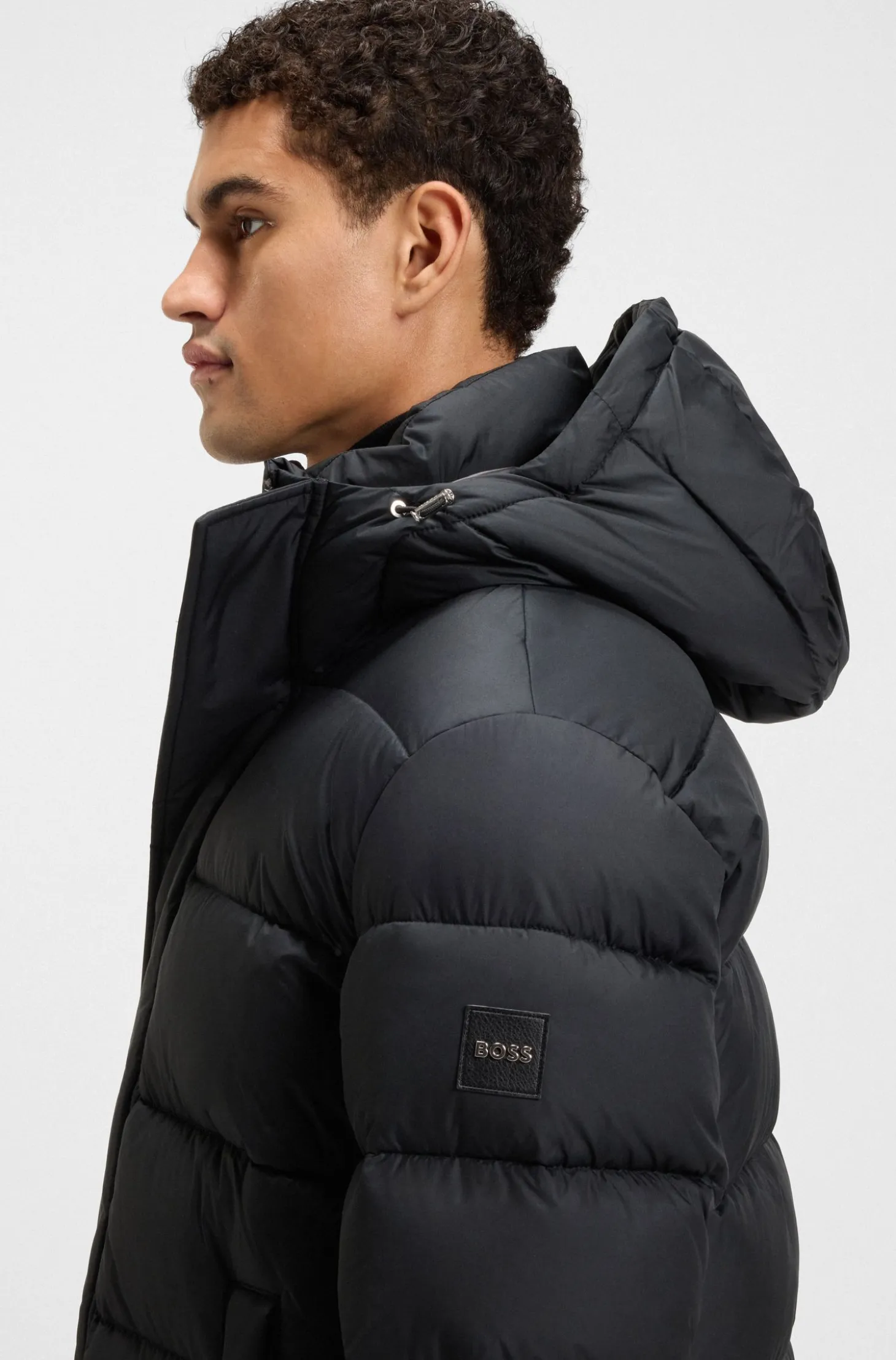 Longline water-repellent padded jacket with hood