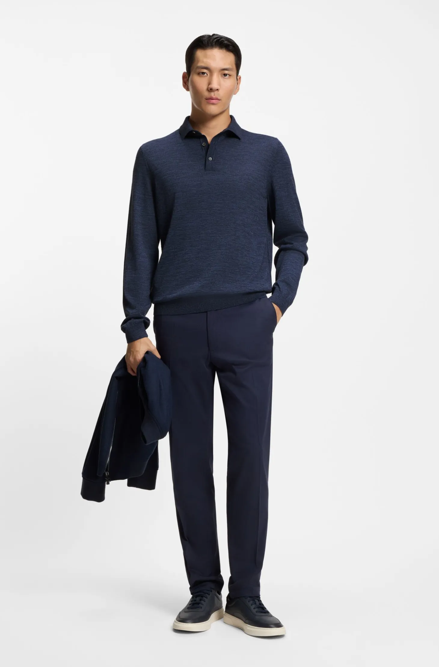 Long-sleeved knit polo sweater in Italian virgin wool