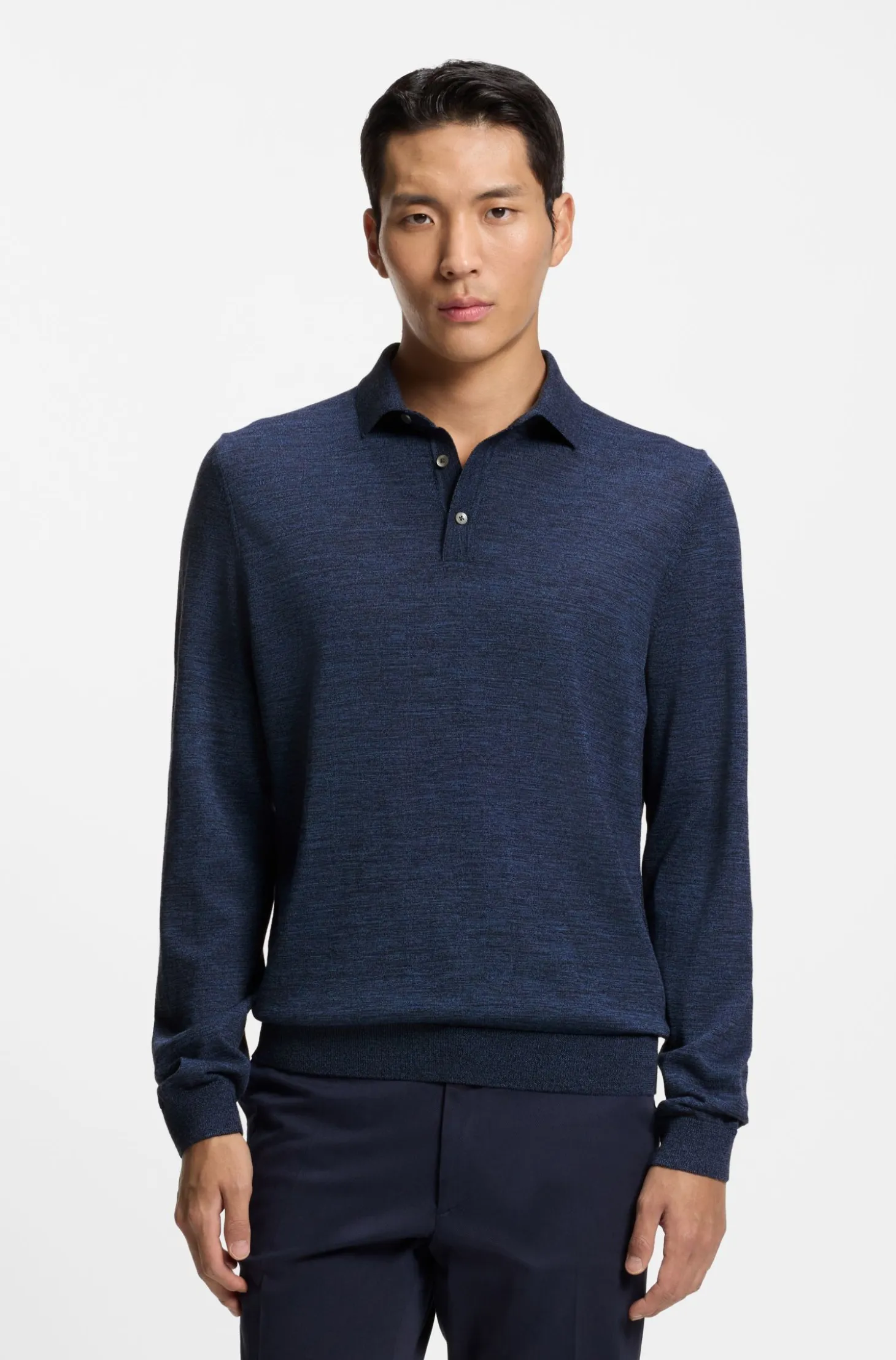 Long-sleeved knit polo sweater in Italian virgin wool