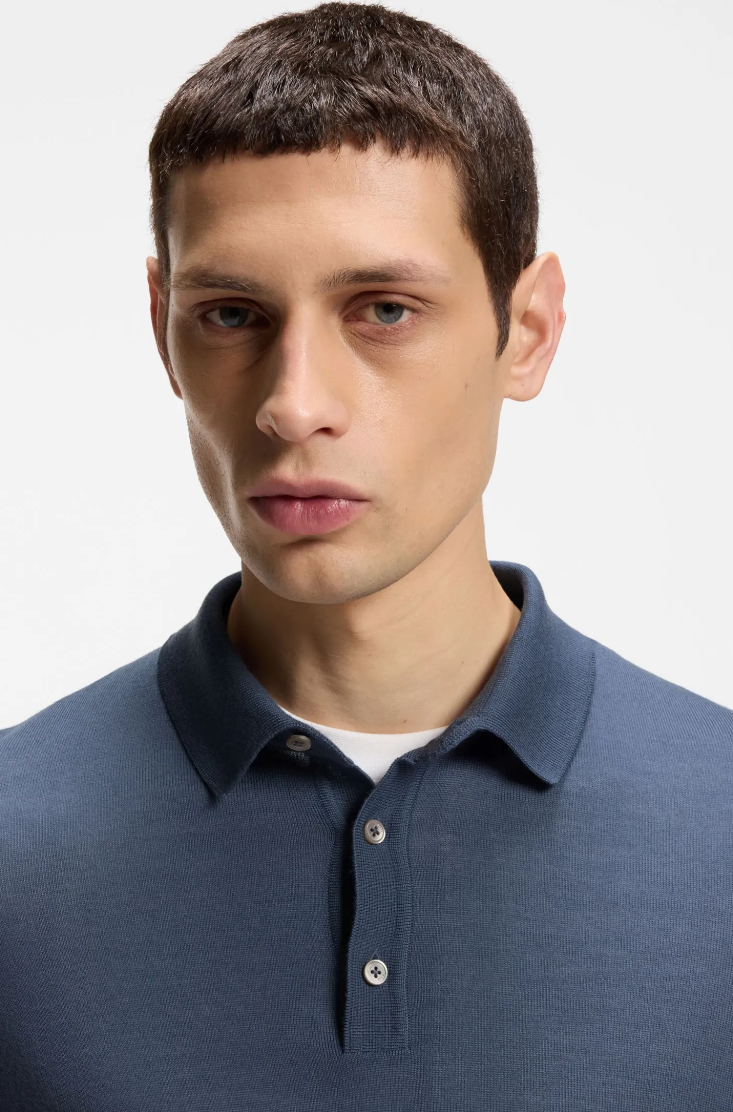 Long-sleeved knit polo sweater in Italian virgin wool
