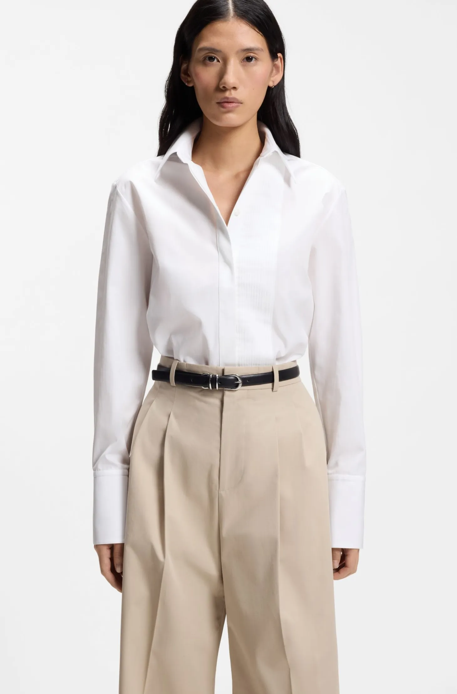 Long-sleeved shirt in cotton with pleating detail