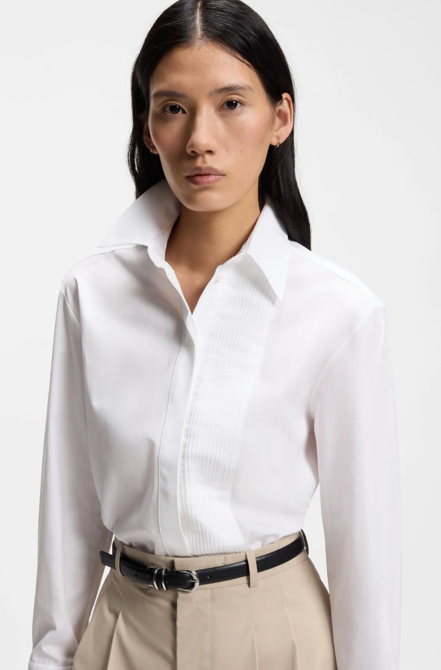Long-sleeved shirt in cotton with pleating detail