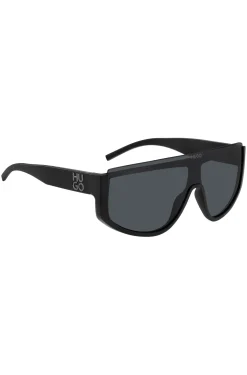 Mask-style sunglasses in black with stacked logo