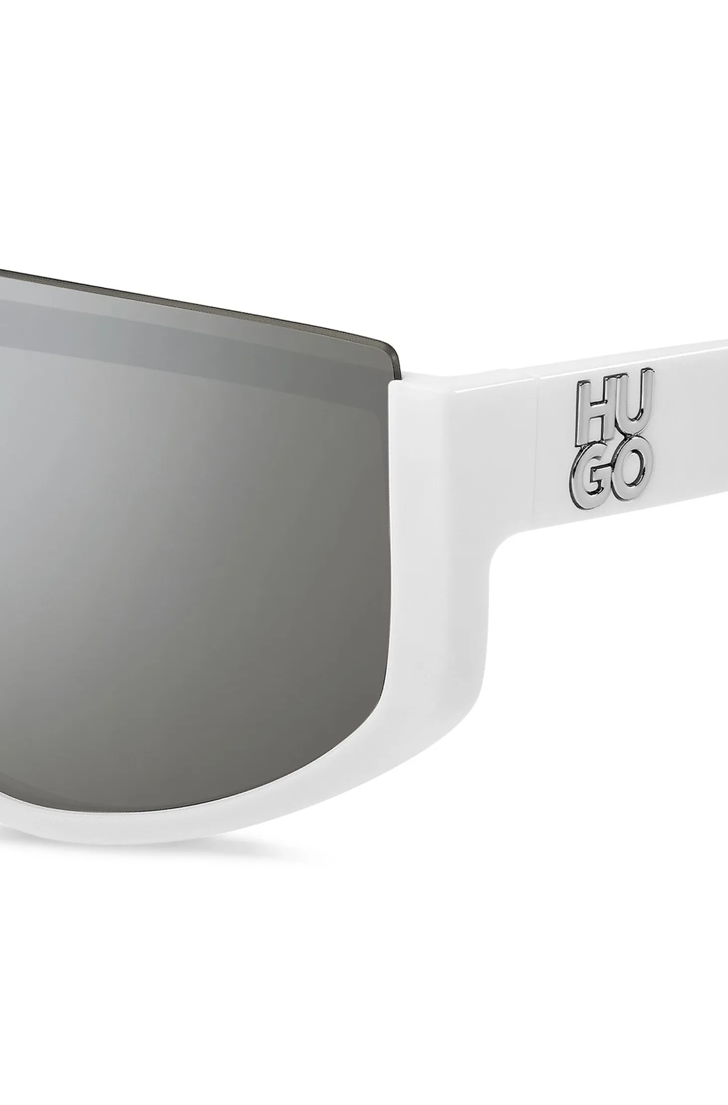 Mask-style sunglasses in white with stacked logo