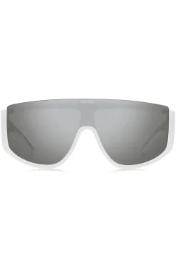 Mask-style sunglasses in white with stacked logo