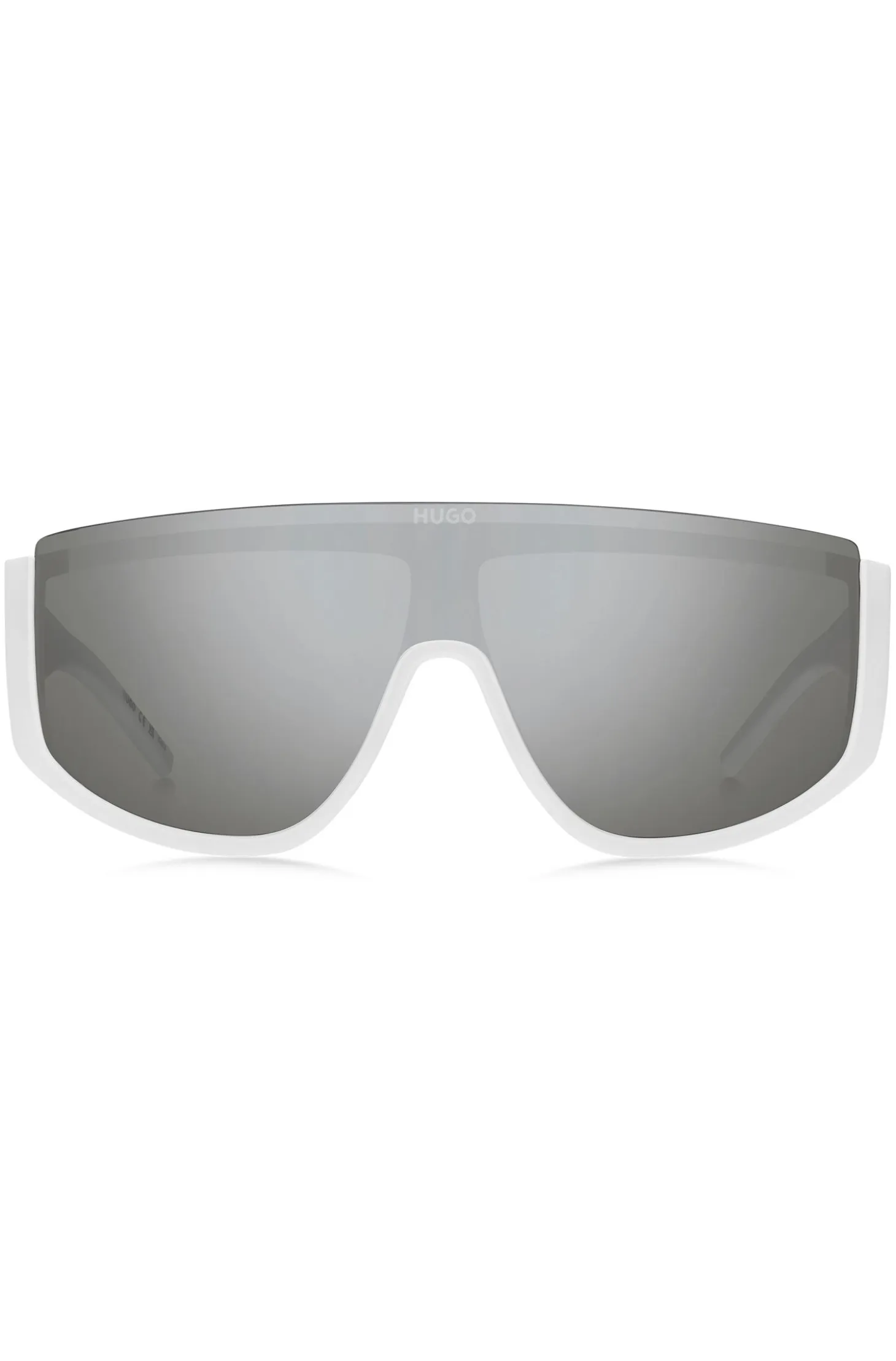 Mask-style sunglasses in white with stacked logo