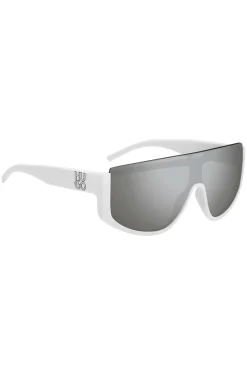 Mask-style sunglasses in white with stacked logo