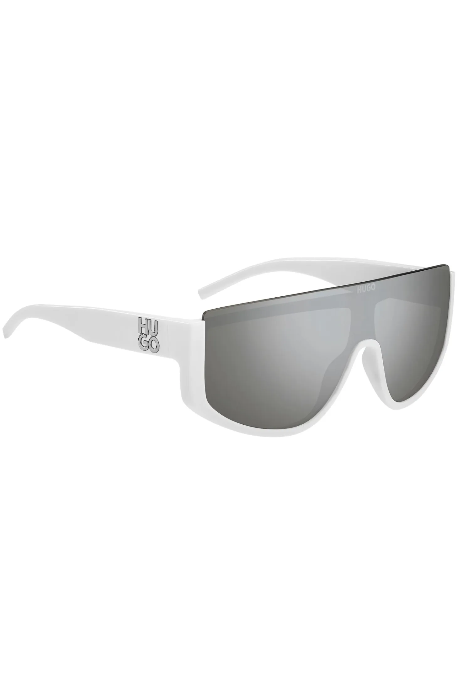Mask-style sunglasses in white with stacked logo