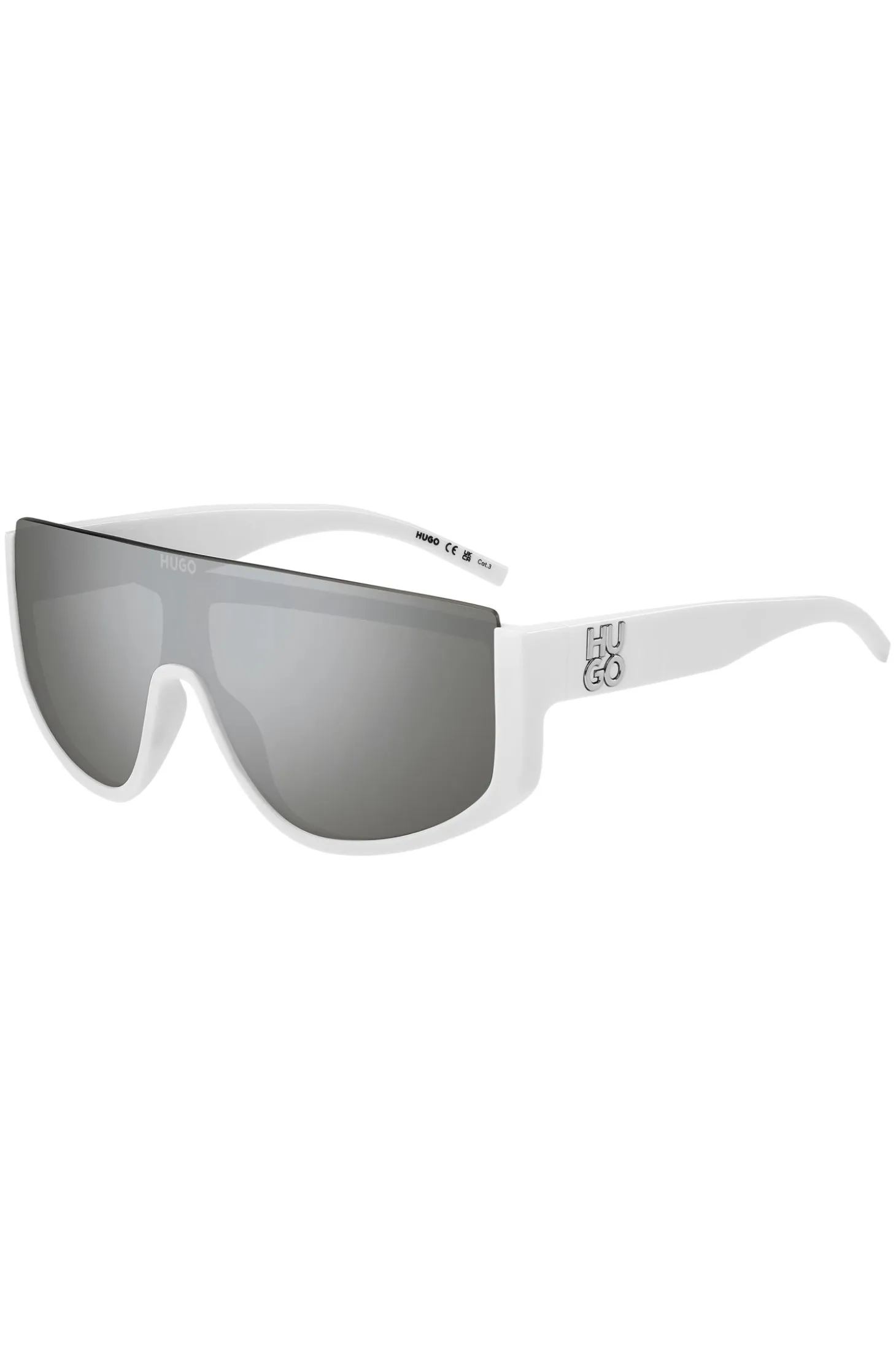 Mask-style sunglasses in white with stacked logo