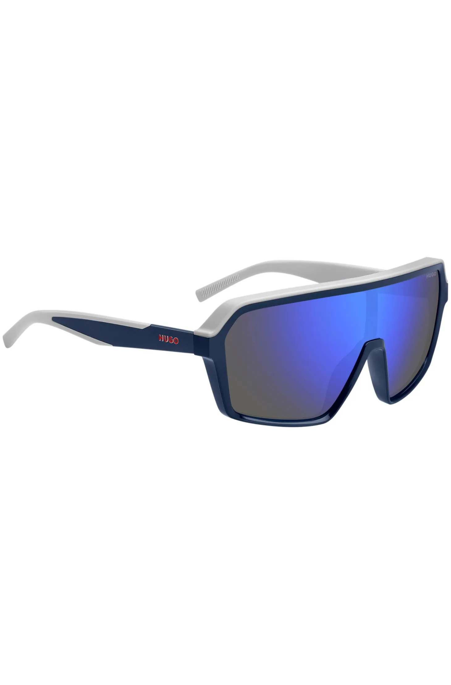 Mask-style sunglasses with blue shaded lenses