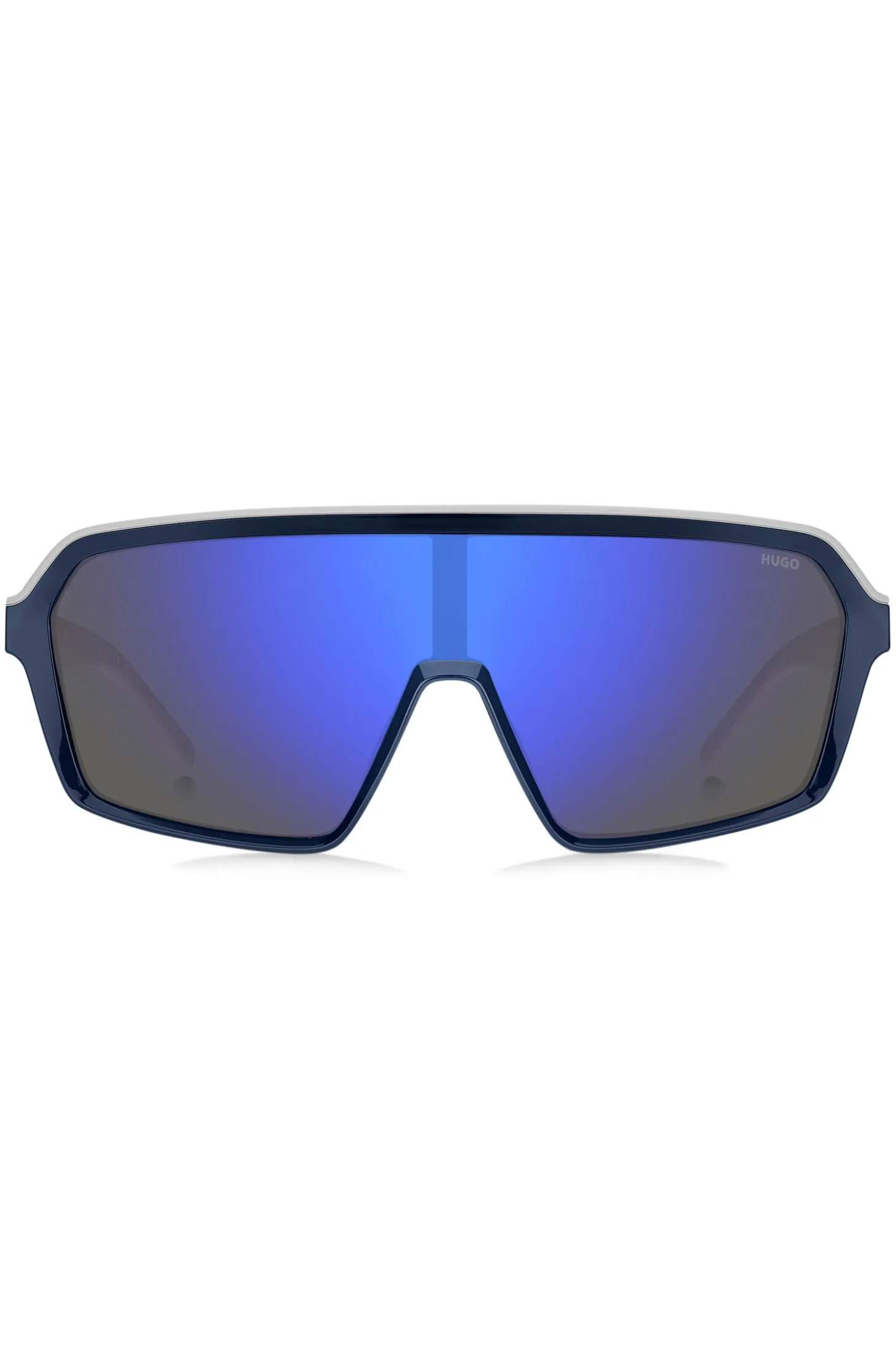 Mask-style sunglasses with blue shaded lenses