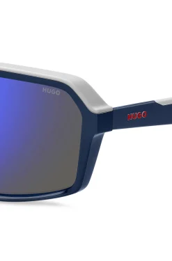Mask-style sunglasses with blue shaded lenses