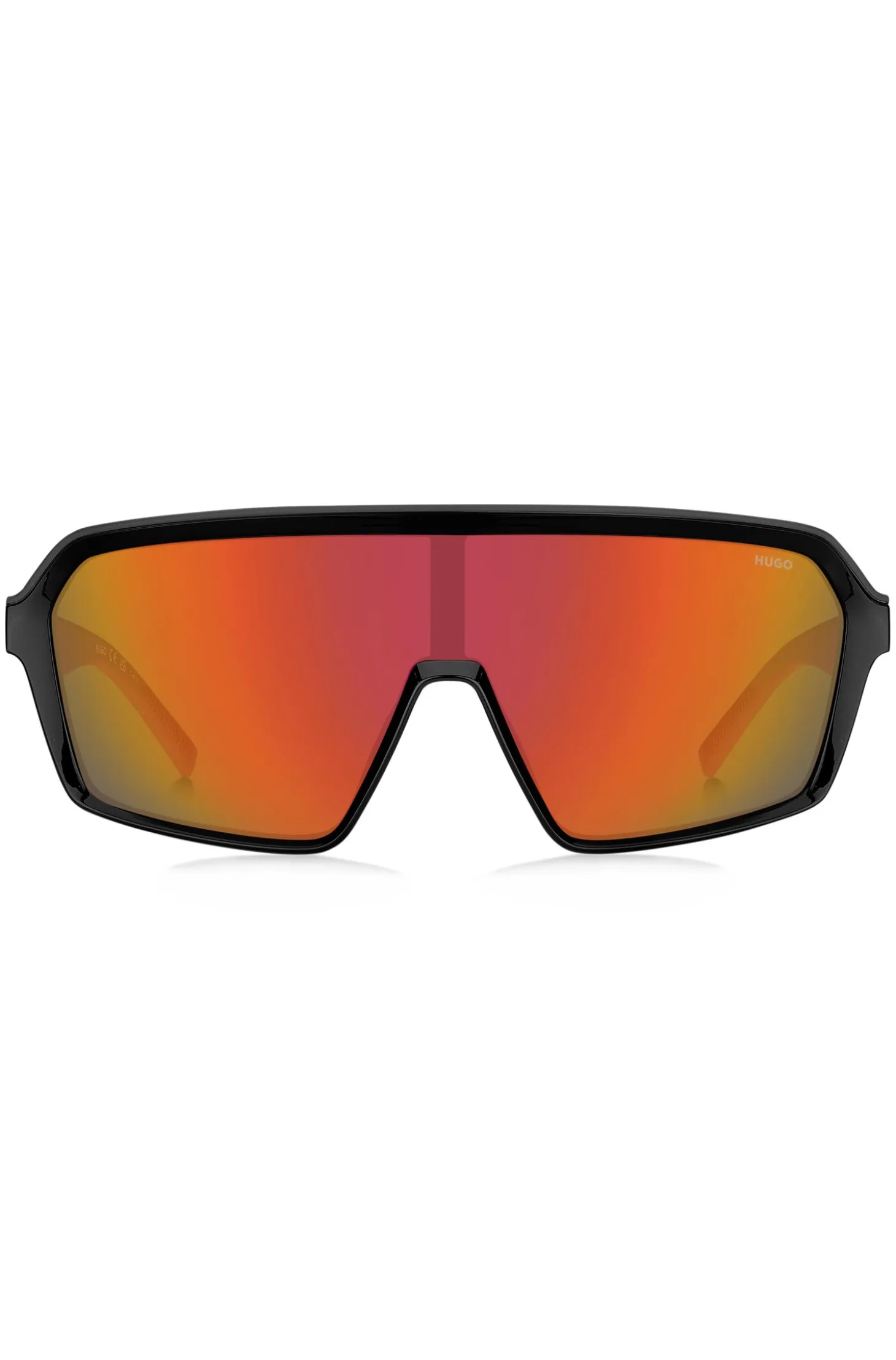 Mask-style sunglasses with red shaded lenses