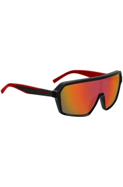Mask-style sunglasses with red shaded lenses