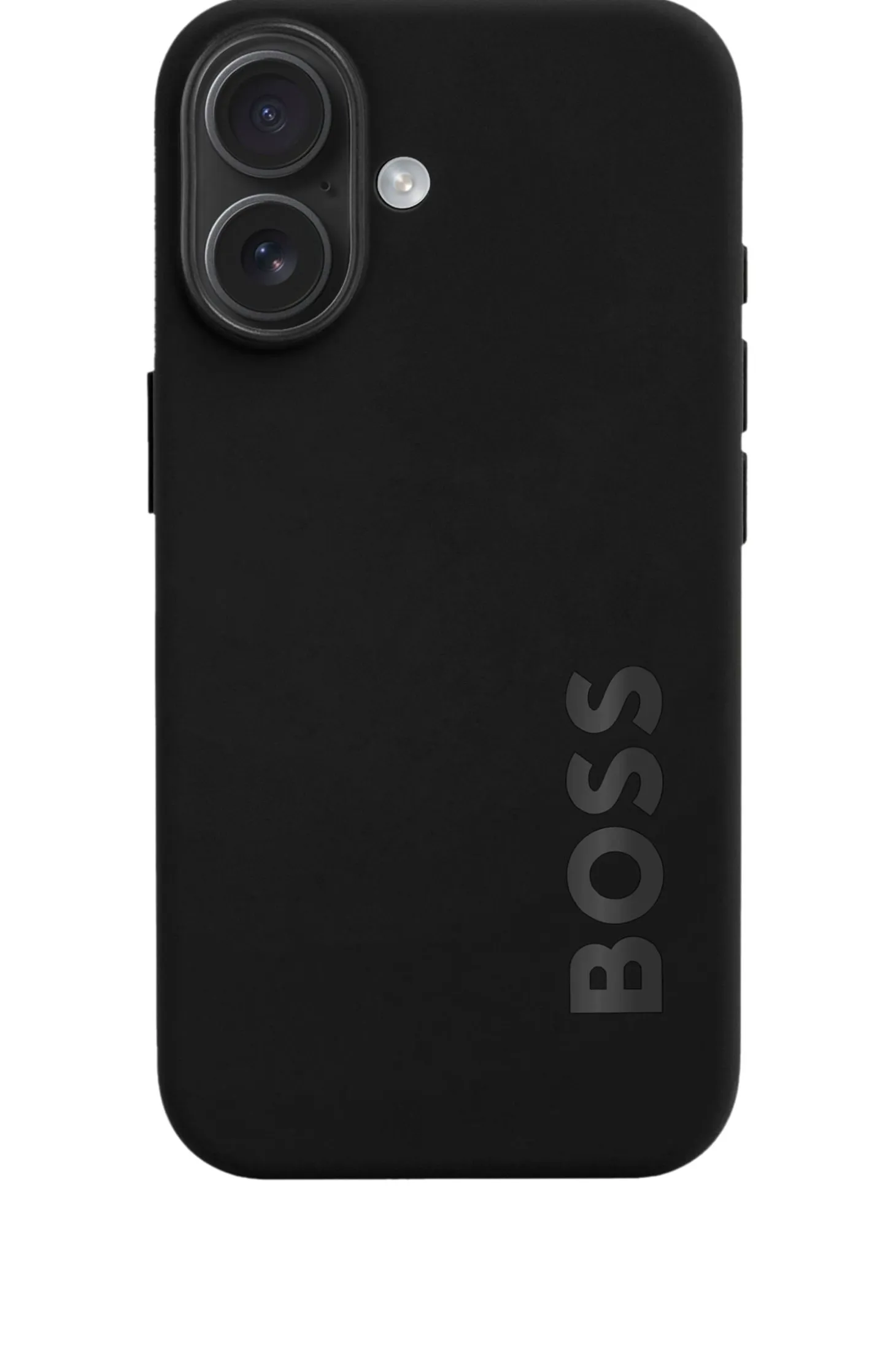 Matte-black iPhone 16 case with embossed logo