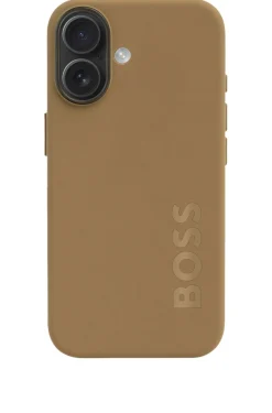 Matte camel-toned iPhone 16 case with embossed logo