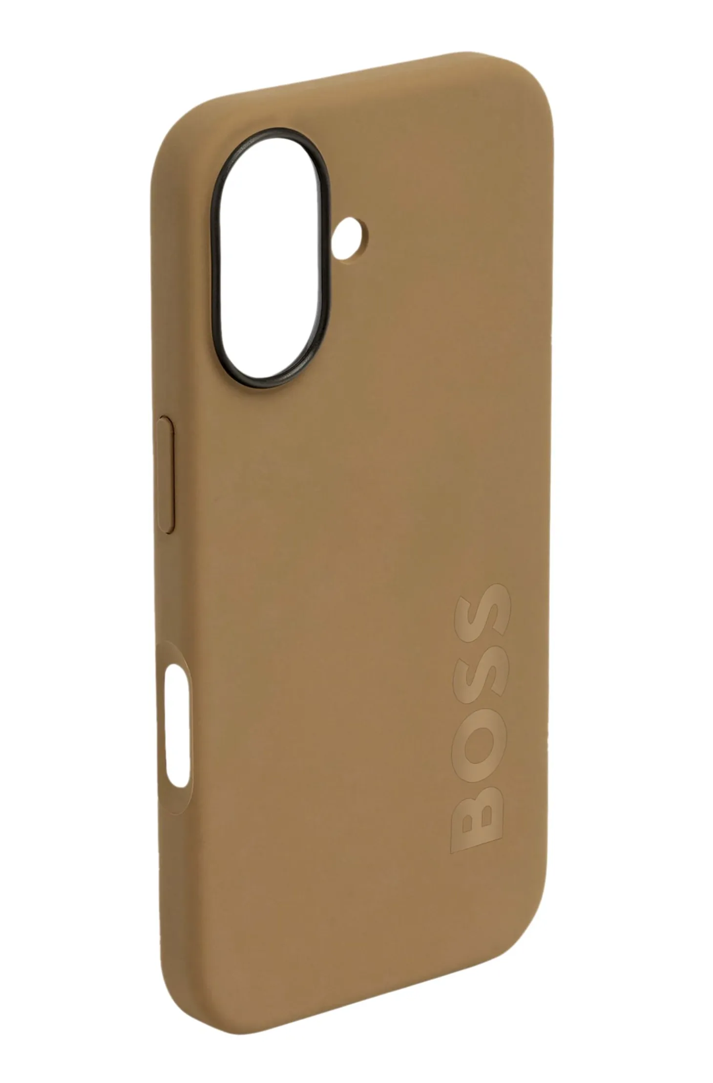 Matte camel-toned iPhone 16 case with embossed logo