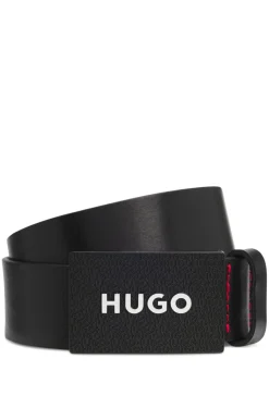 Matte leather belt with branded plaque buckle