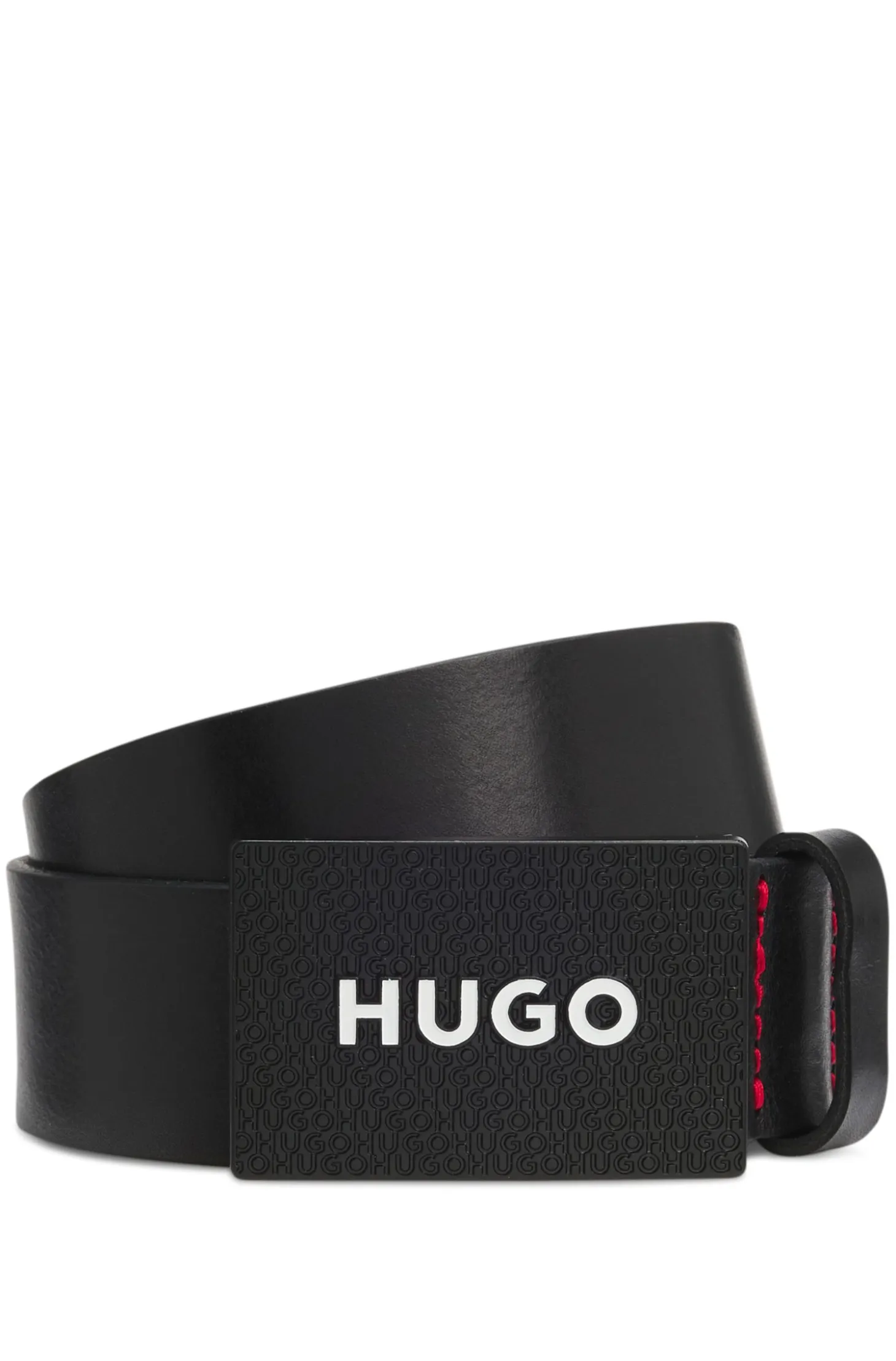 Matte leather belt with branded plaque buckle