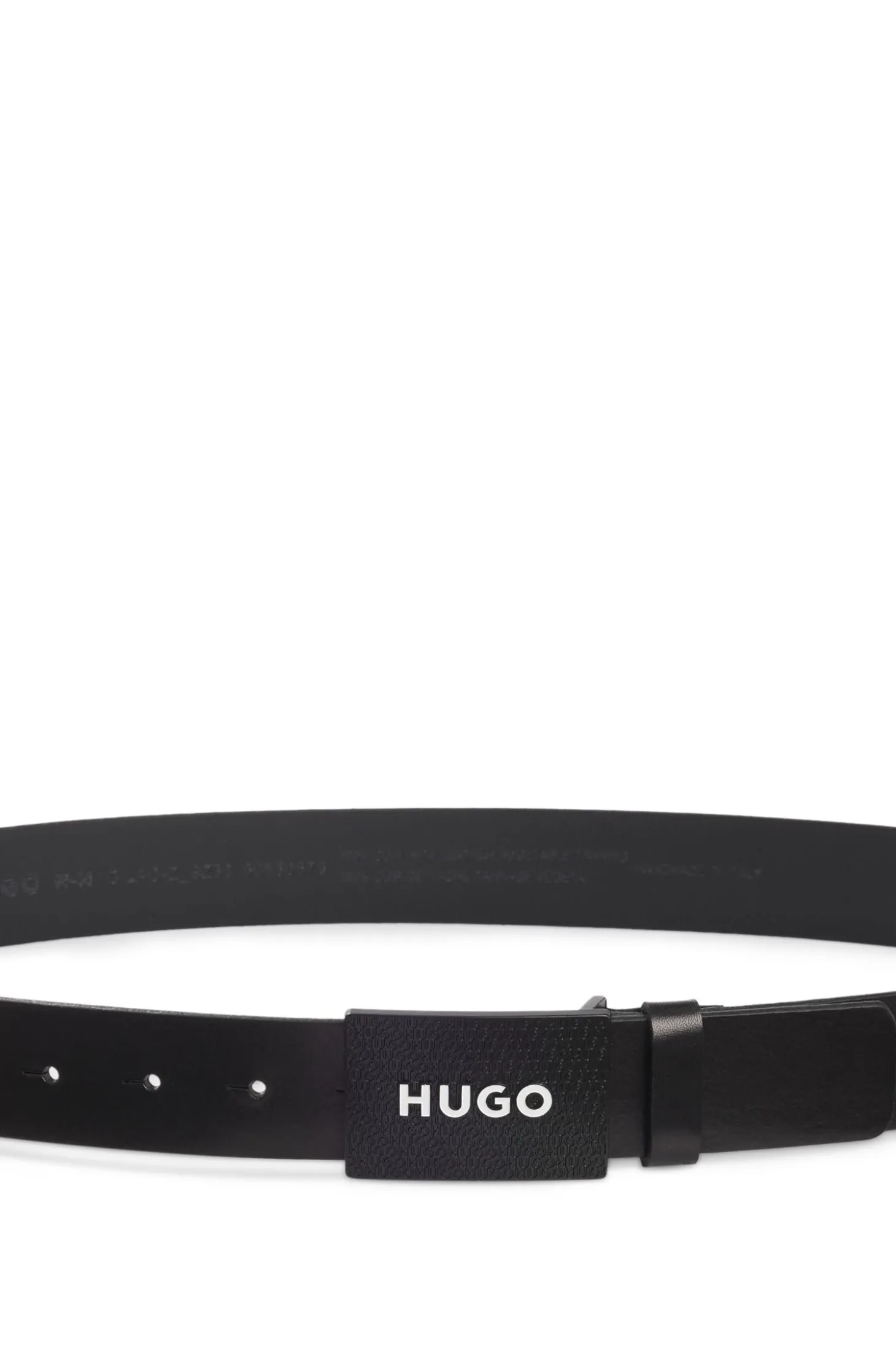 Matte leather belt with branded plaque buckle