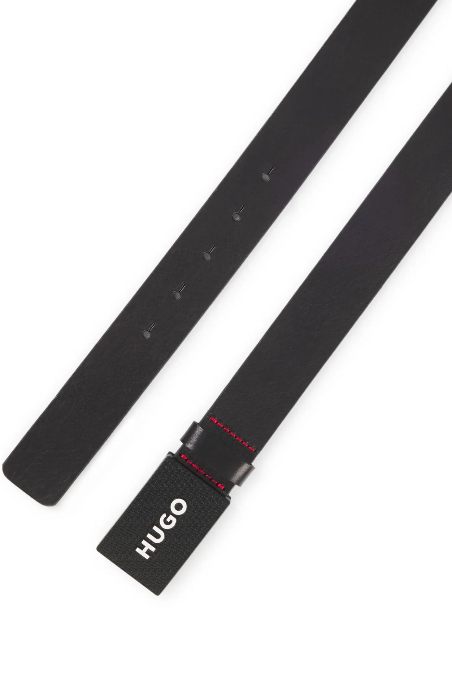 Matte leather belt with branded plaque buckle