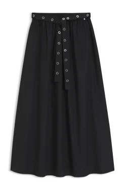 Maxi skirt in cotton poplin with eyelet belt