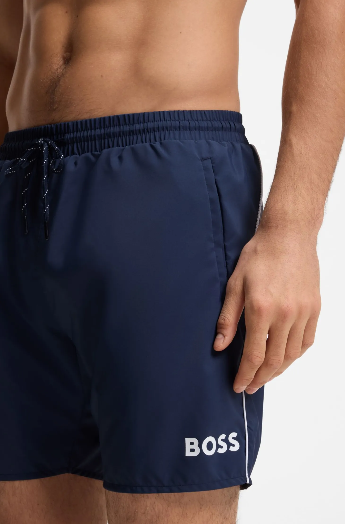 Medium-length swim shorts with contrast details