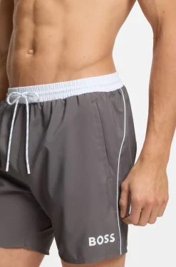 Medium-length swim shorts with contrast details