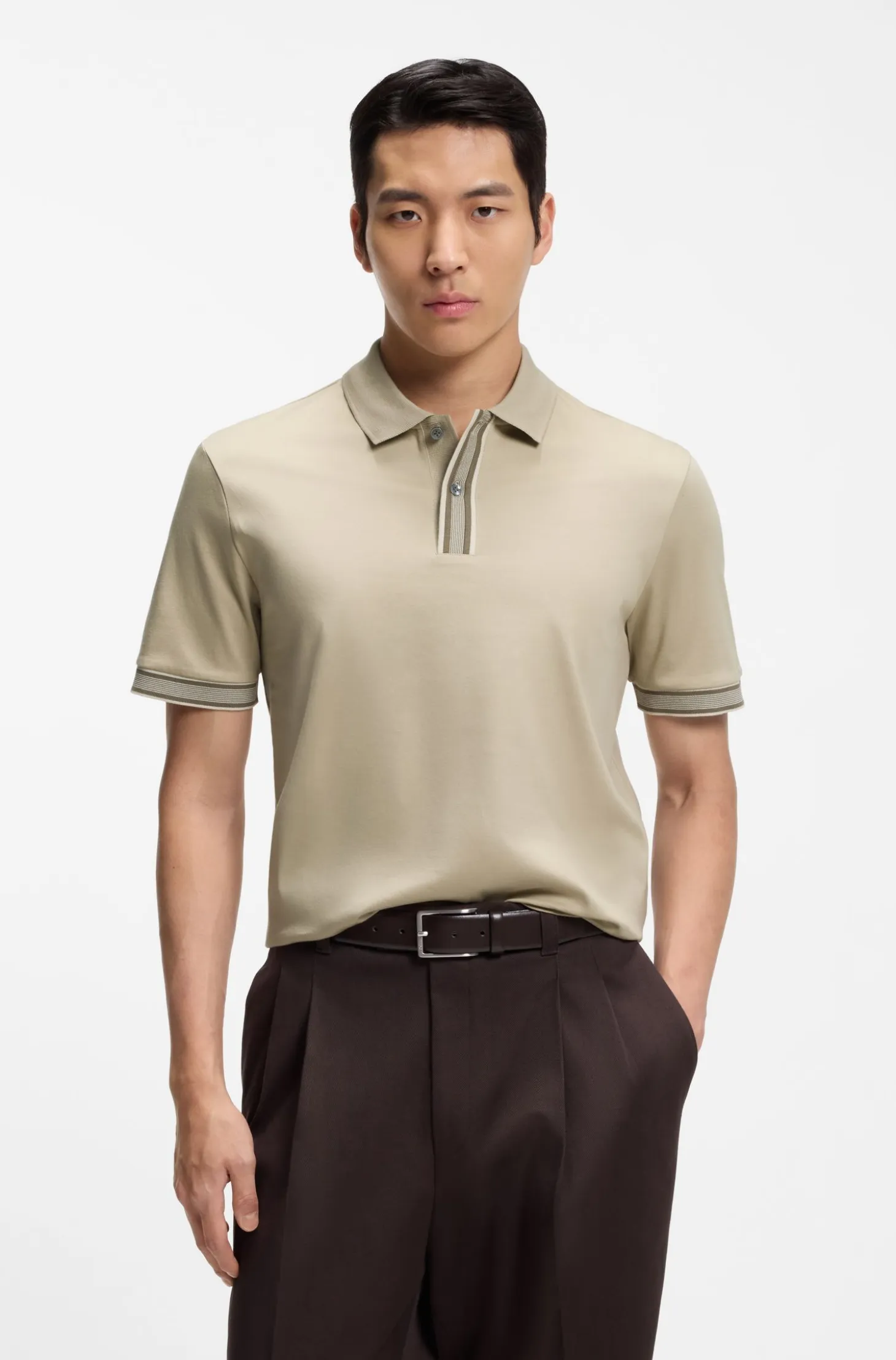 Mercerised-cotton polo shirt with striped trims