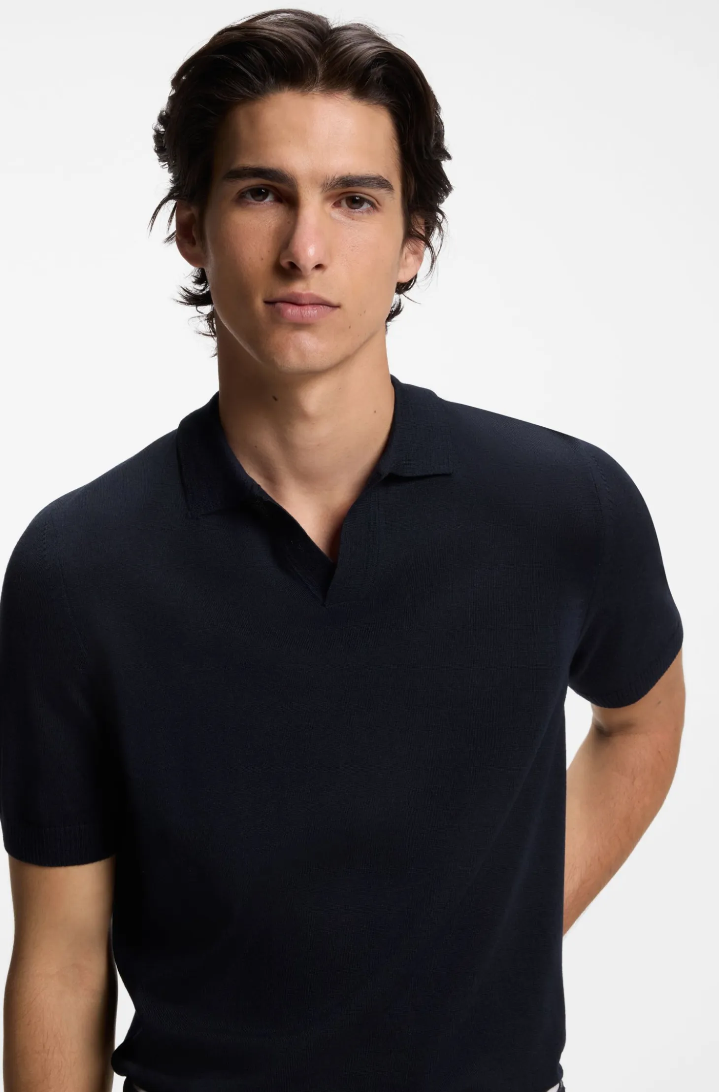 Merino-wool knit polo with Johnny collar