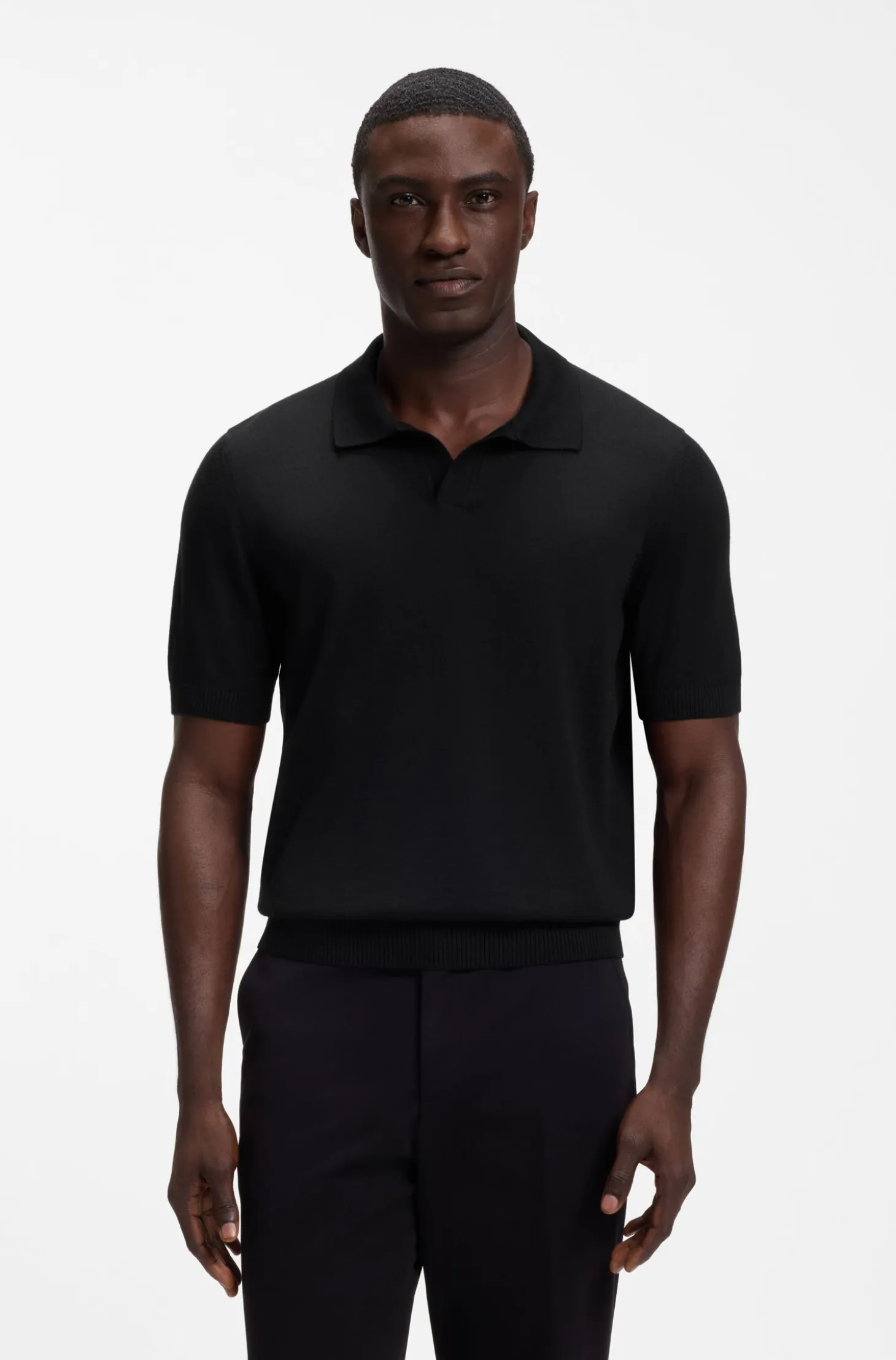 Merino-wool knit polo with Johnny collar