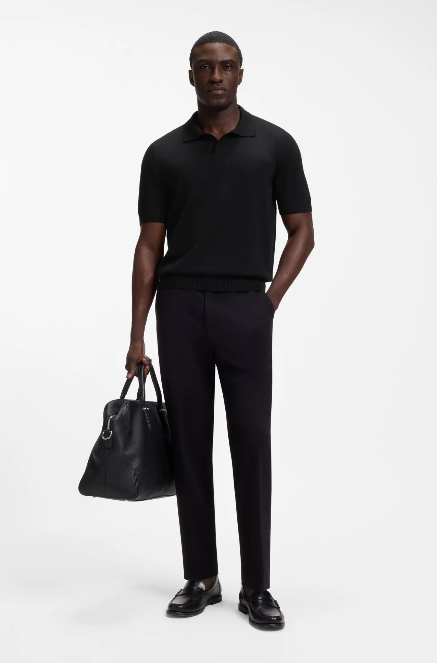 Merino-wool knit polo with Johnny collar
