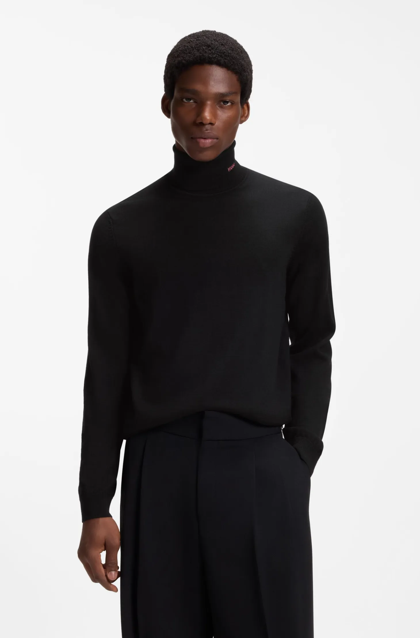Merino-wool rollneck sweater with embroidered logo