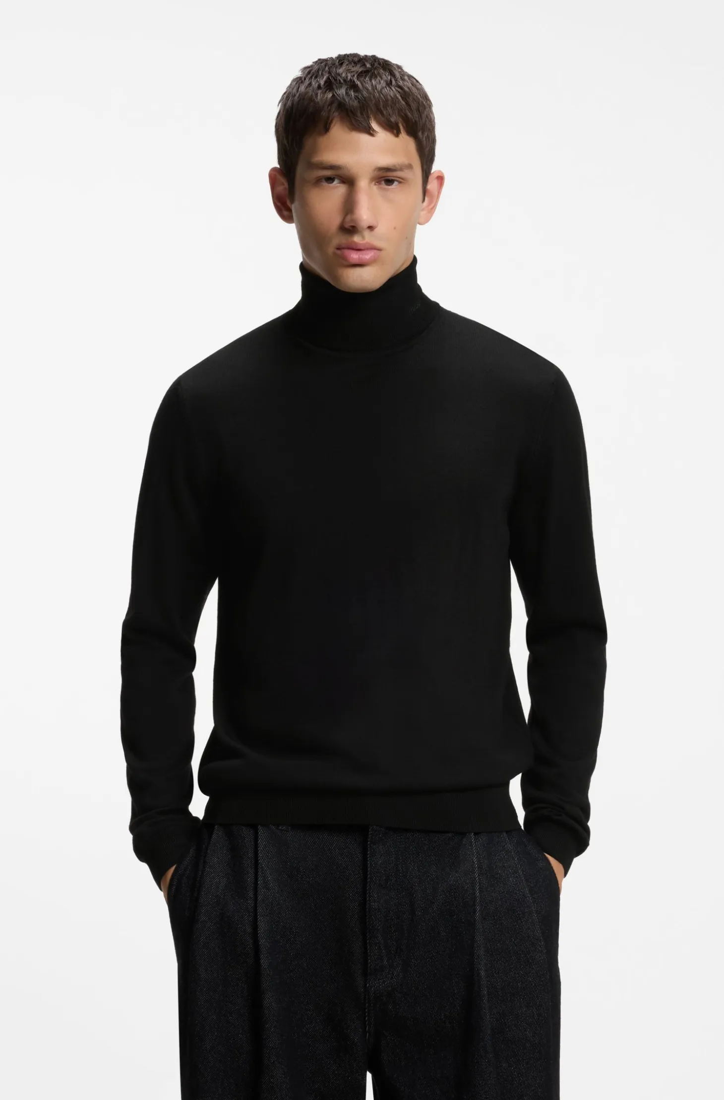 Merino-wool rollneck sweater with embroidered logo