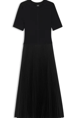 Mixed-material dress with plissé skirt