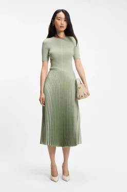Mixed-material dress with plissé skirt