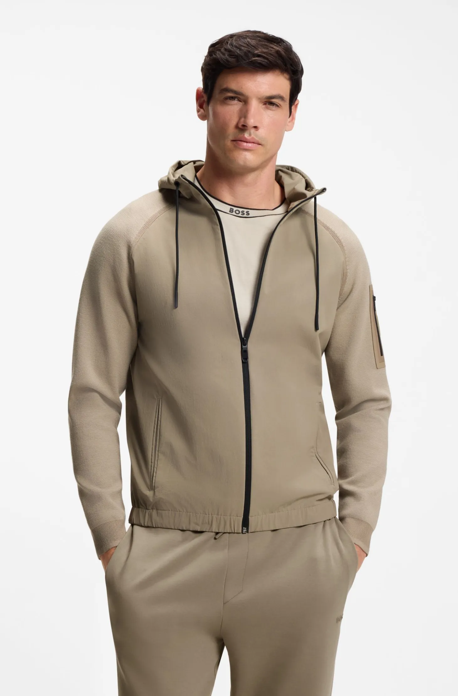 Mixed-material knitted jacket with jacquard graphic