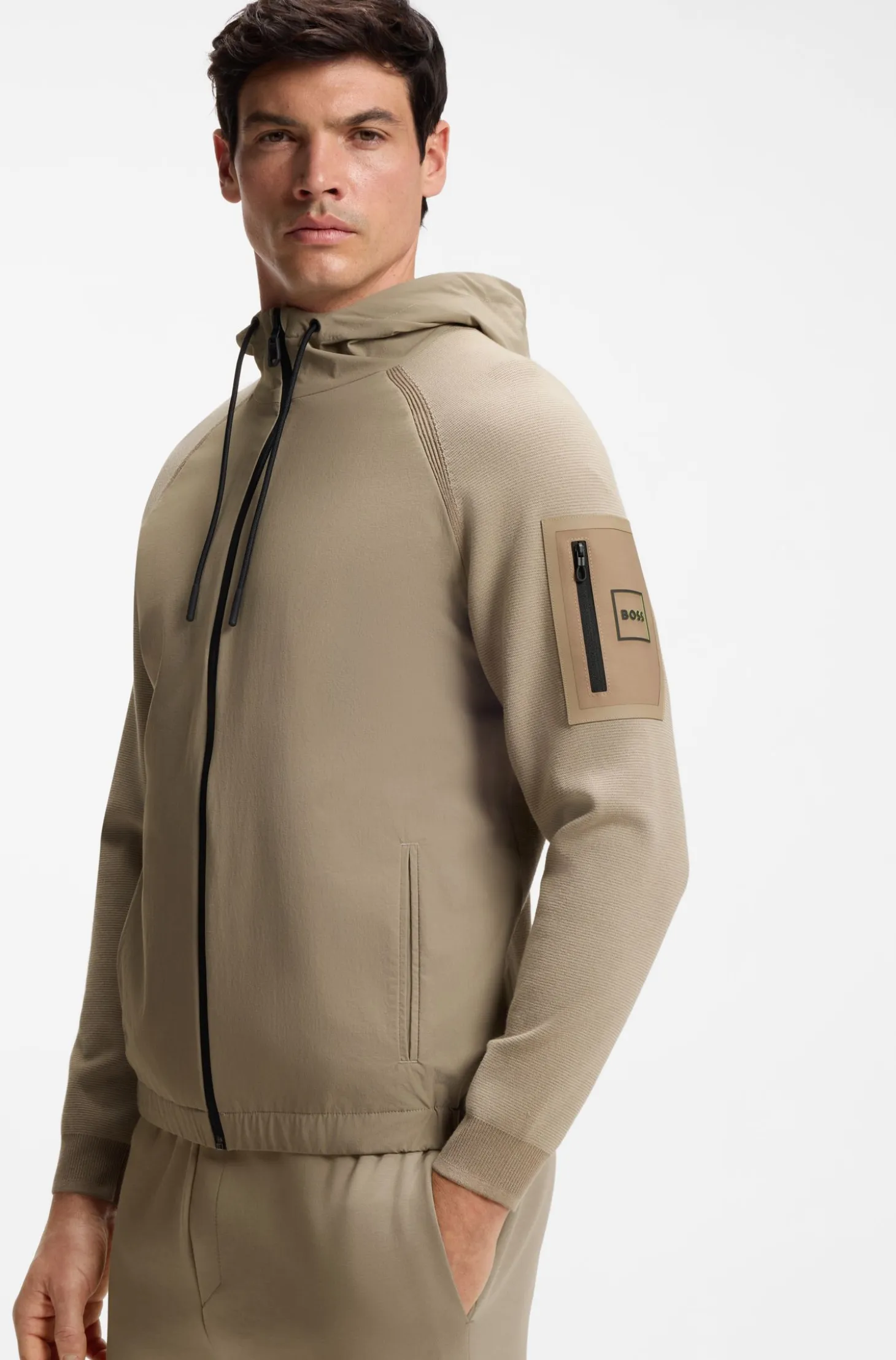 Mixed-material knitted jacket with jacquard graphic