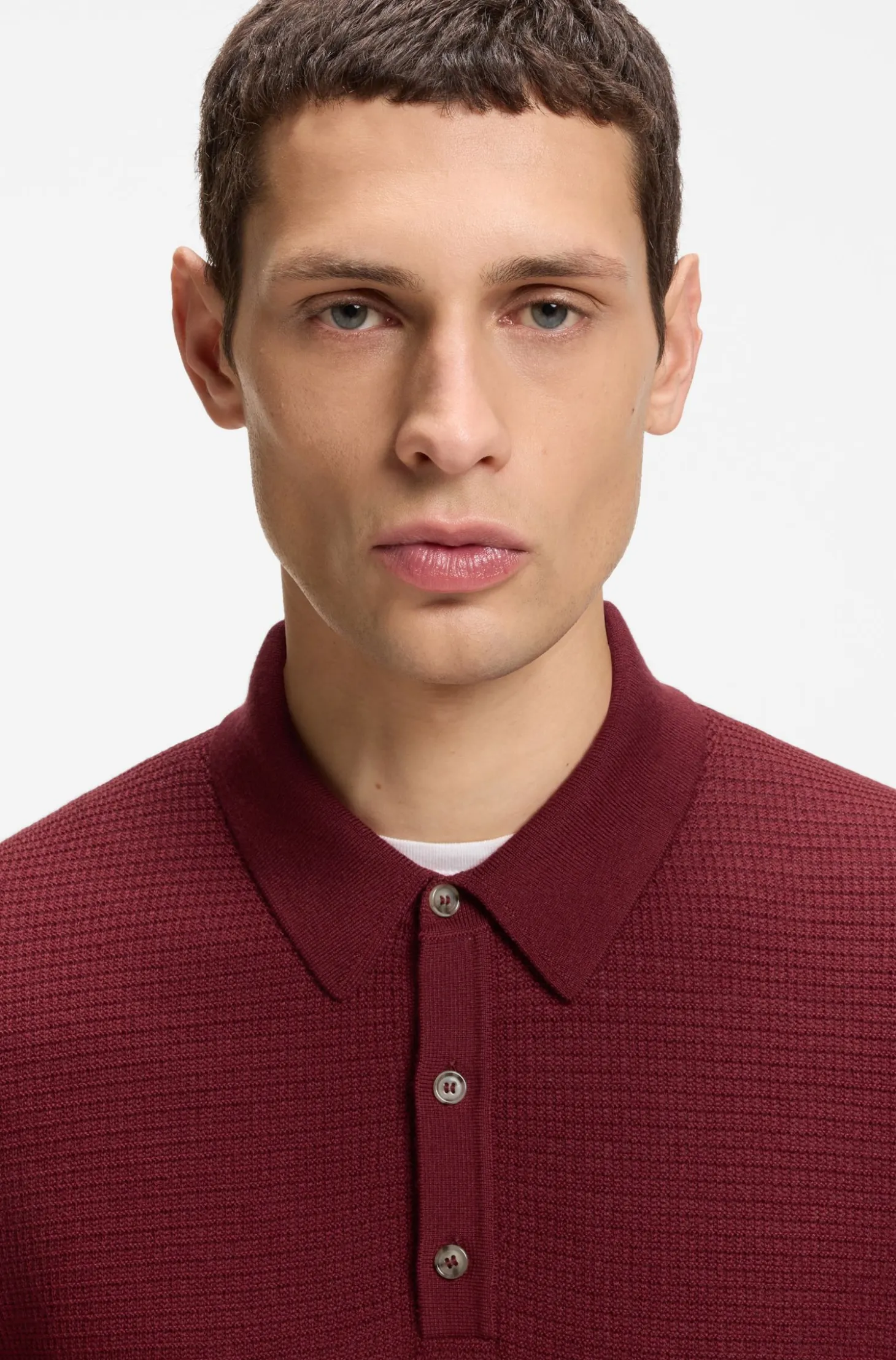 Mixed-structure knit polo in a wool blend