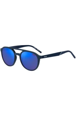 Navy-acetate sunglasses with blue lenses and patterned temples