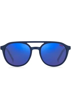 Navy-acetate sunglasses with blue lenses and patterned temples