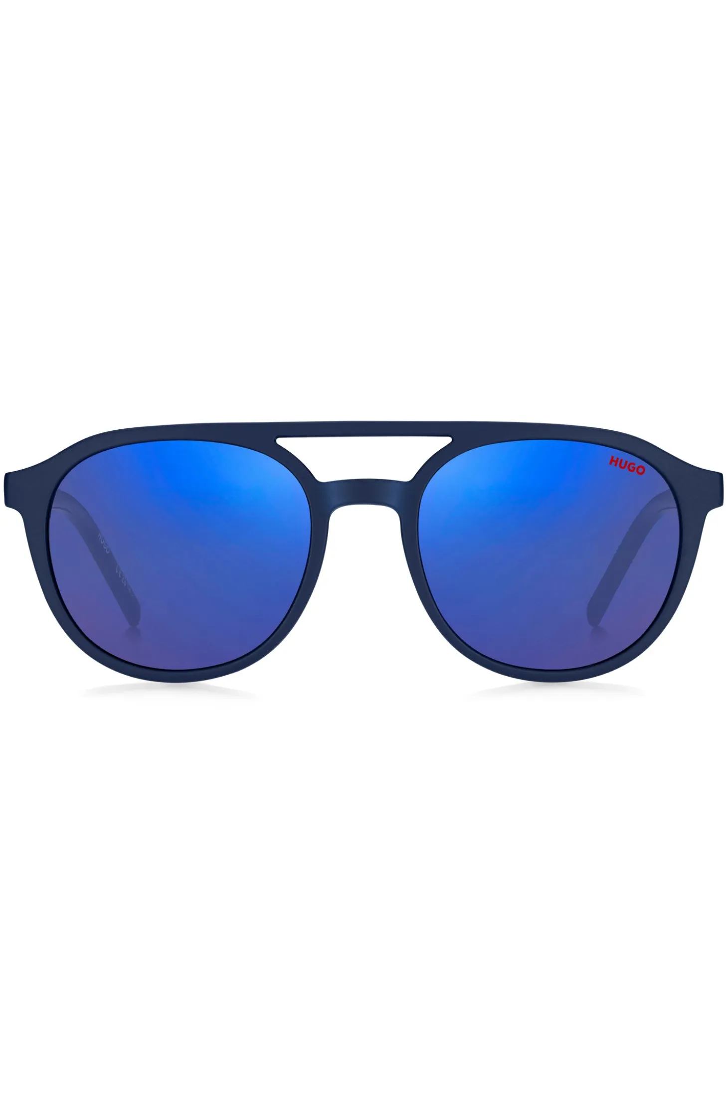 Navy-acetate sunglasses with blue lenses and patterned temples