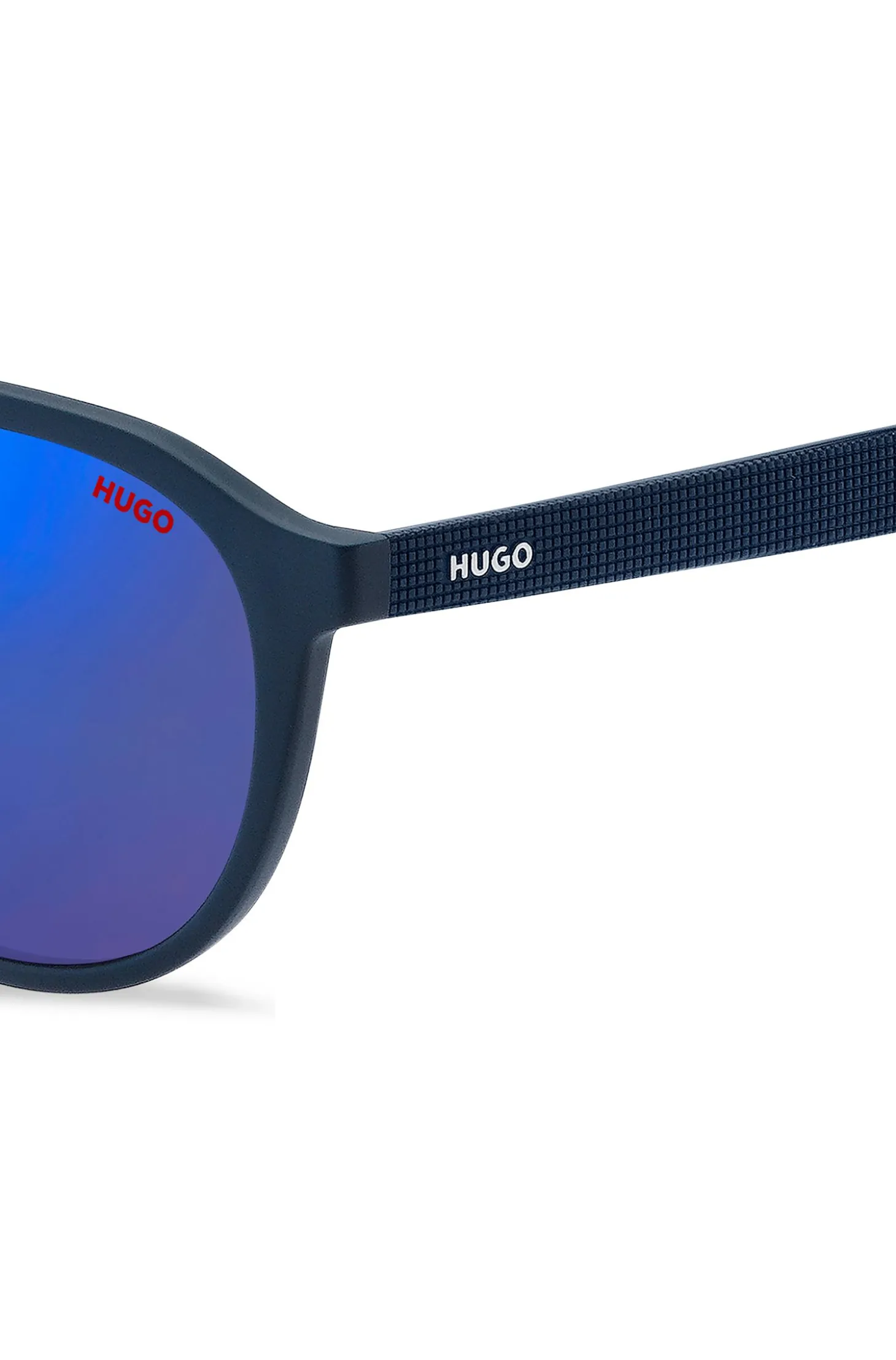 Navy-acetate sunglasses with blue lenses and patterned temples