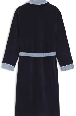 Navy cotton-velvet dressing gown with textured trims