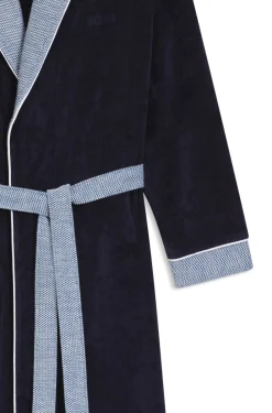 Navy cotton-velvet dressing gown with textured trims