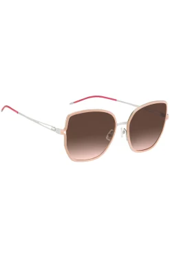 Nude-frame sunglasses with forked temples and branded chain