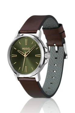 Olive-dial watch with brown leather strap
