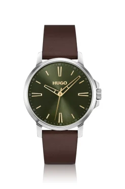 Olive-dial watch with brown leather strap